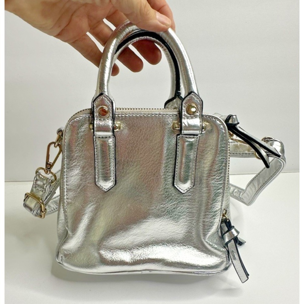 Free People Silver Leather Crossbody Purse Multi pocket Mini Top Handles - Picture 6 of 14